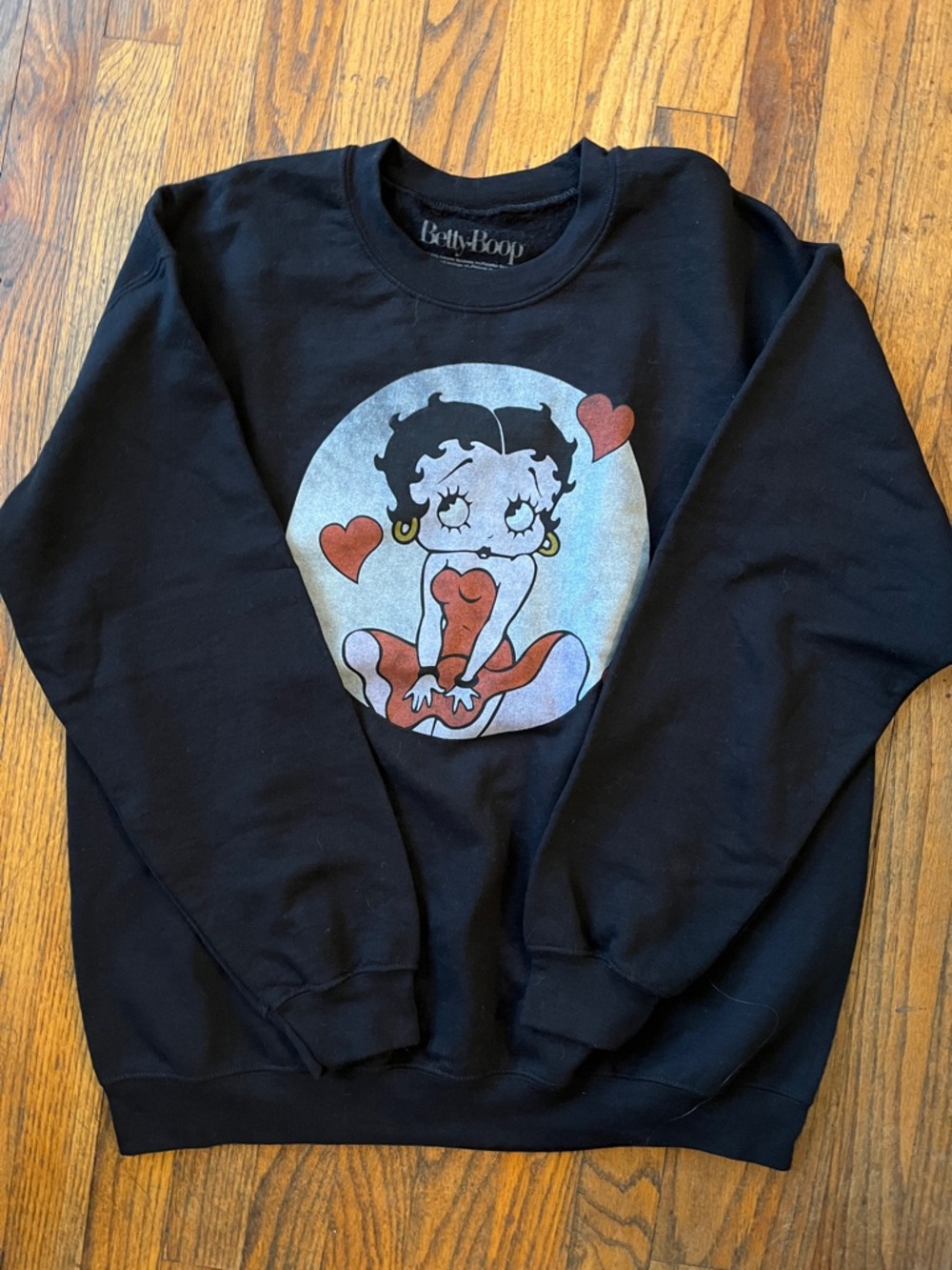 Betty Boop Black Crewneck with Red Graphic Hearts